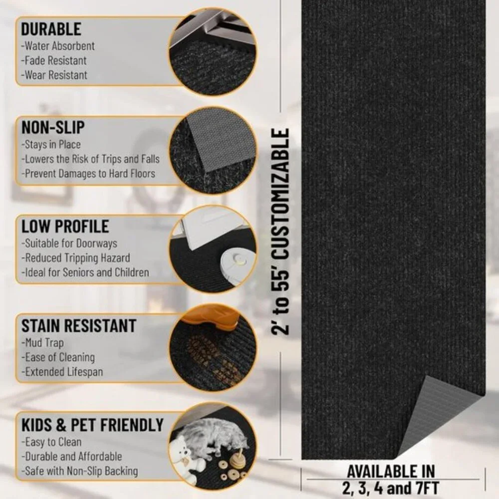 New Solid Design Non-Slip Rubberback 2x6 Indoor/Outdoor Runner Rug, Black